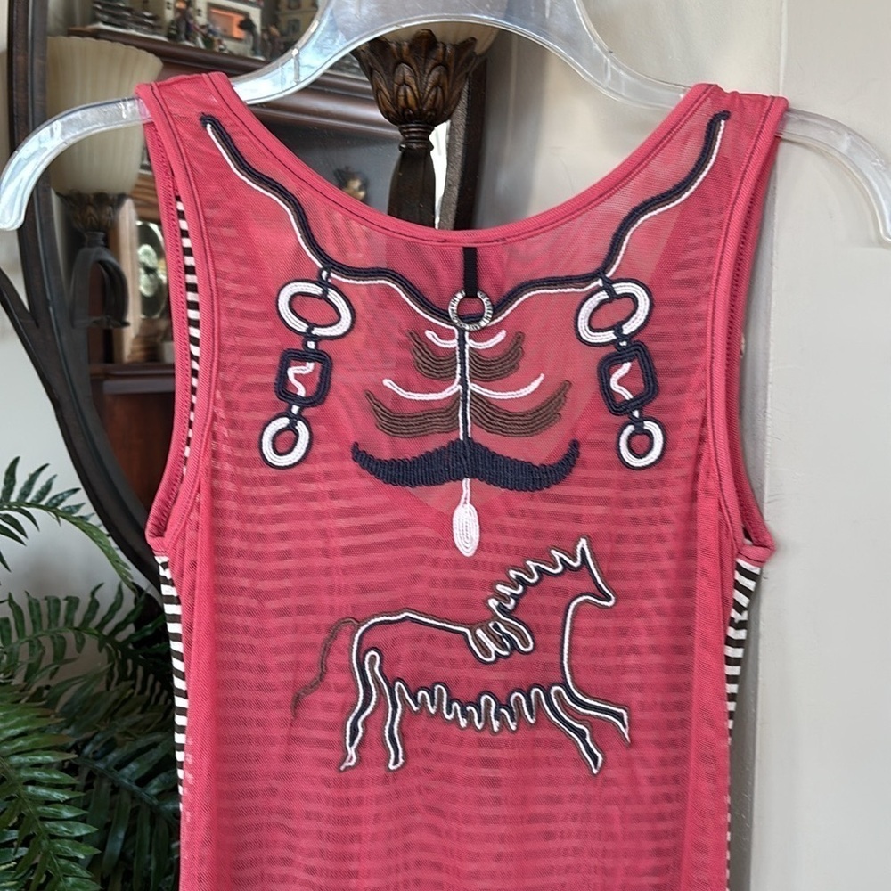 Save The Queen! V-Neck Tank Top Striped Embroidered Horse Beaded Mesh Back Italy - Picture 11 of 14